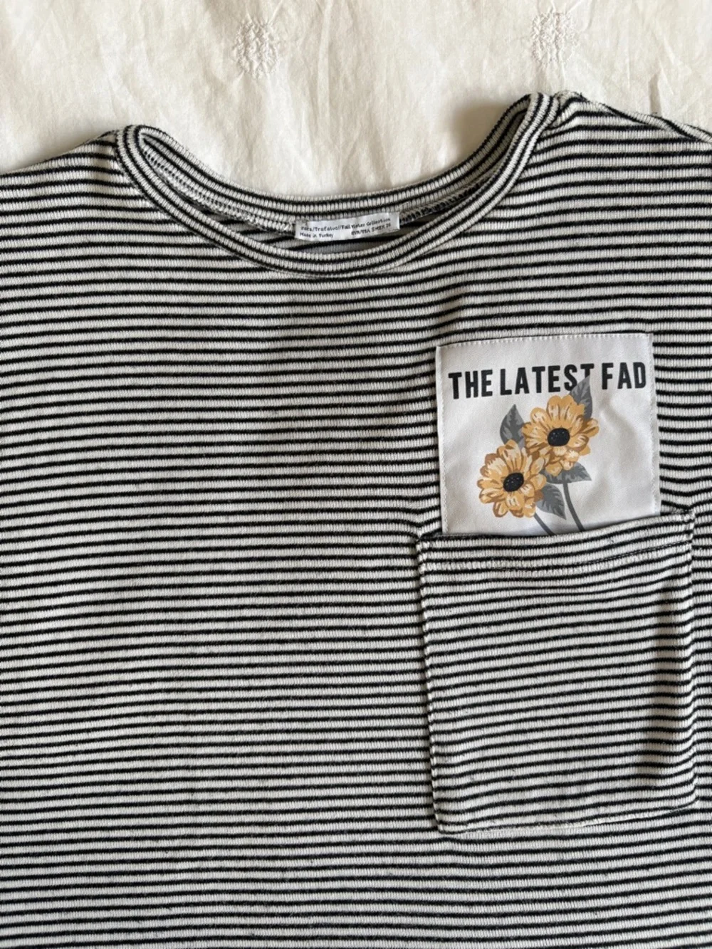Zara Black & White Striped Pocket Tee with Yellow Floral Patch - Picture 4 of 4